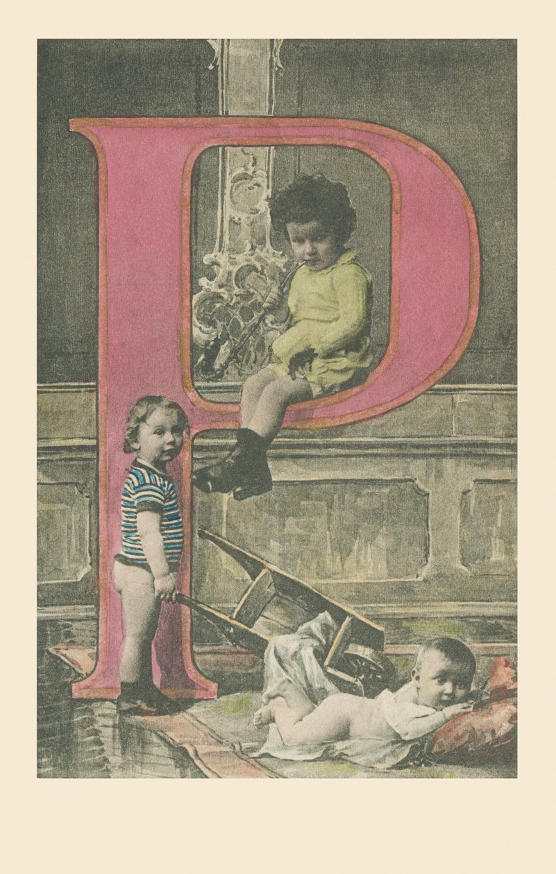 One child with a long pipe, another with a wheelbarrow, a baby lying on his stomach by French School
