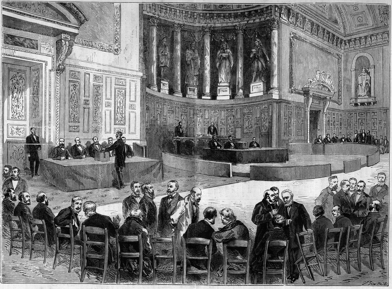 Palais du Luxembourg in Paris: election of 30 January for the election of senators of the department of the Seine. Standing, the chair in one hand is recognized as Victor Hugo (1802-1885), politician. Engraving in "L