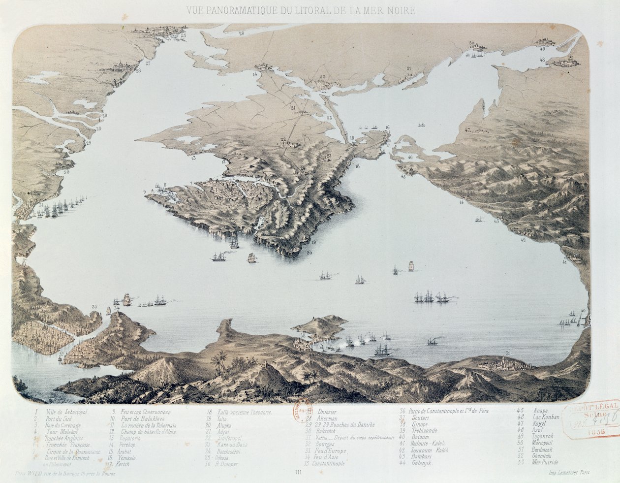 Panoramic View and Plan of Sevastopol and the Black Sea Coast at the Time of the Crimean War by French School