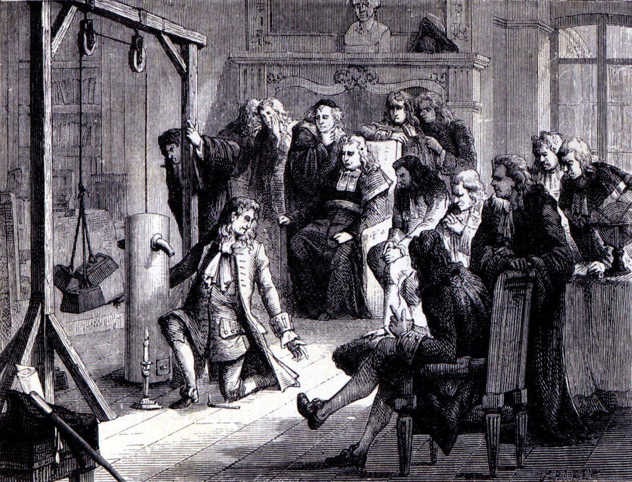 Papin (1647 - 1714) experiments with his powder machine before the professors of the University of Marburg - in Album of Science; illustrious scientists; Great discoveries 1896 by French School