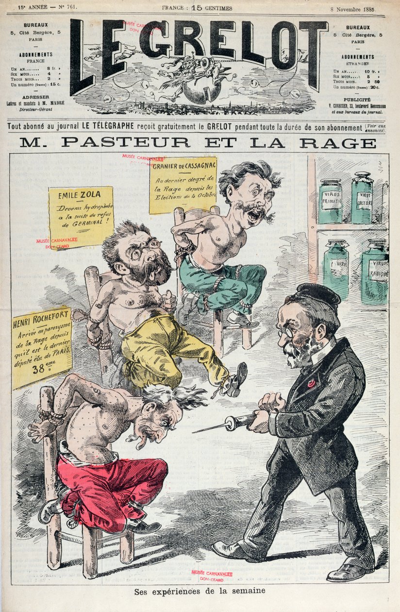 Pasteur and Rabies, Caricature of the Experiments of Louis Pasteur from Le Grelot, 8th November 1885 by French School