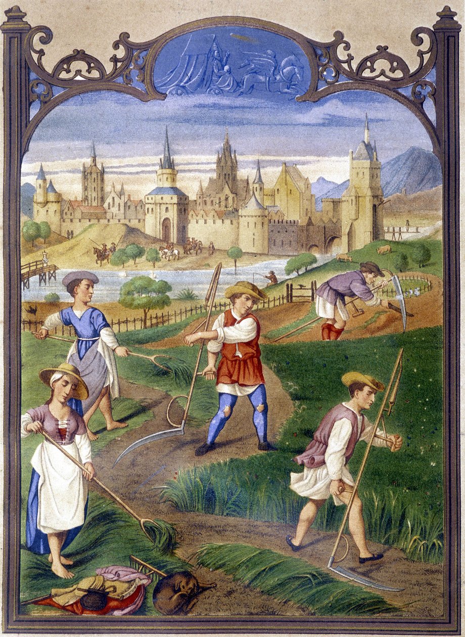Peasants mowing grass, reproduction of illumination by French School