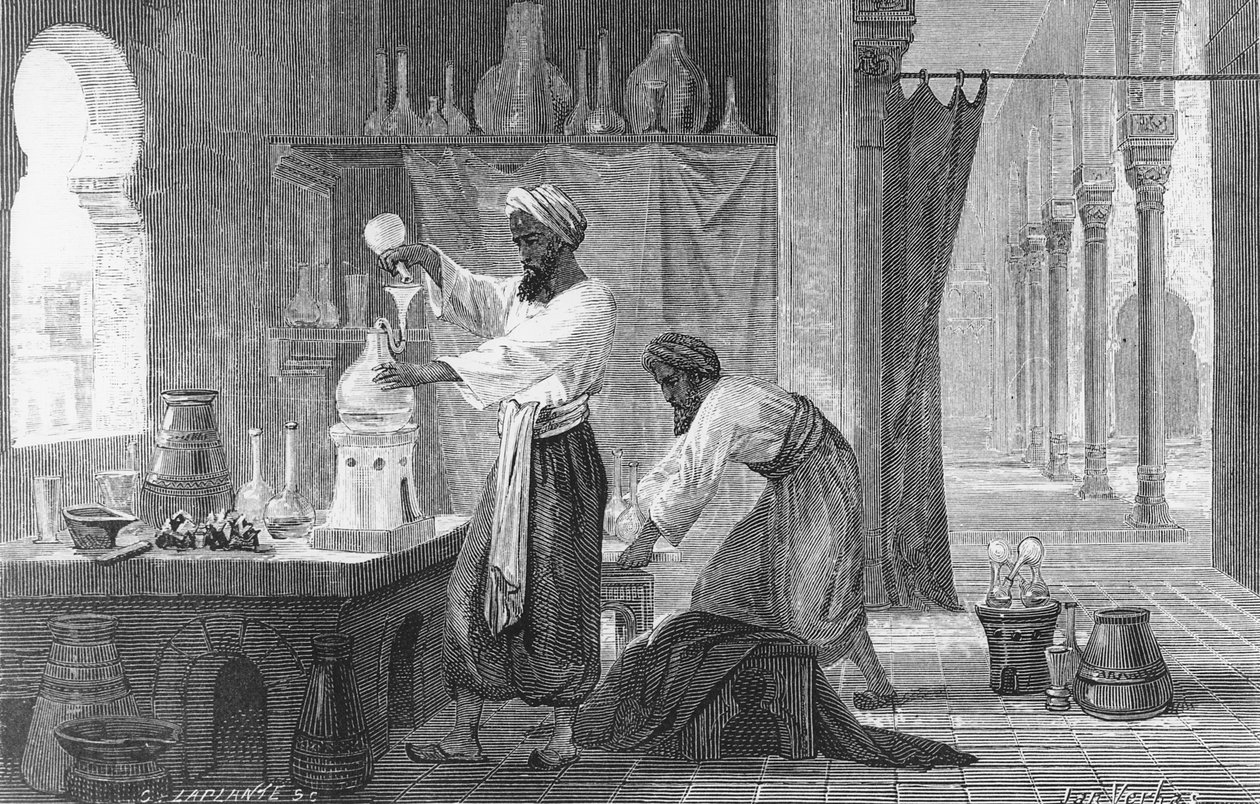 Persian Alchemist Rhazes in His Laboratory (engraving) by French School