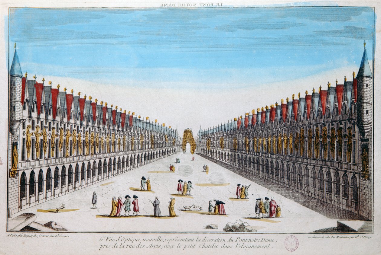 Perspective view of decorations on the Pont Notre-Dame in Paris by French School