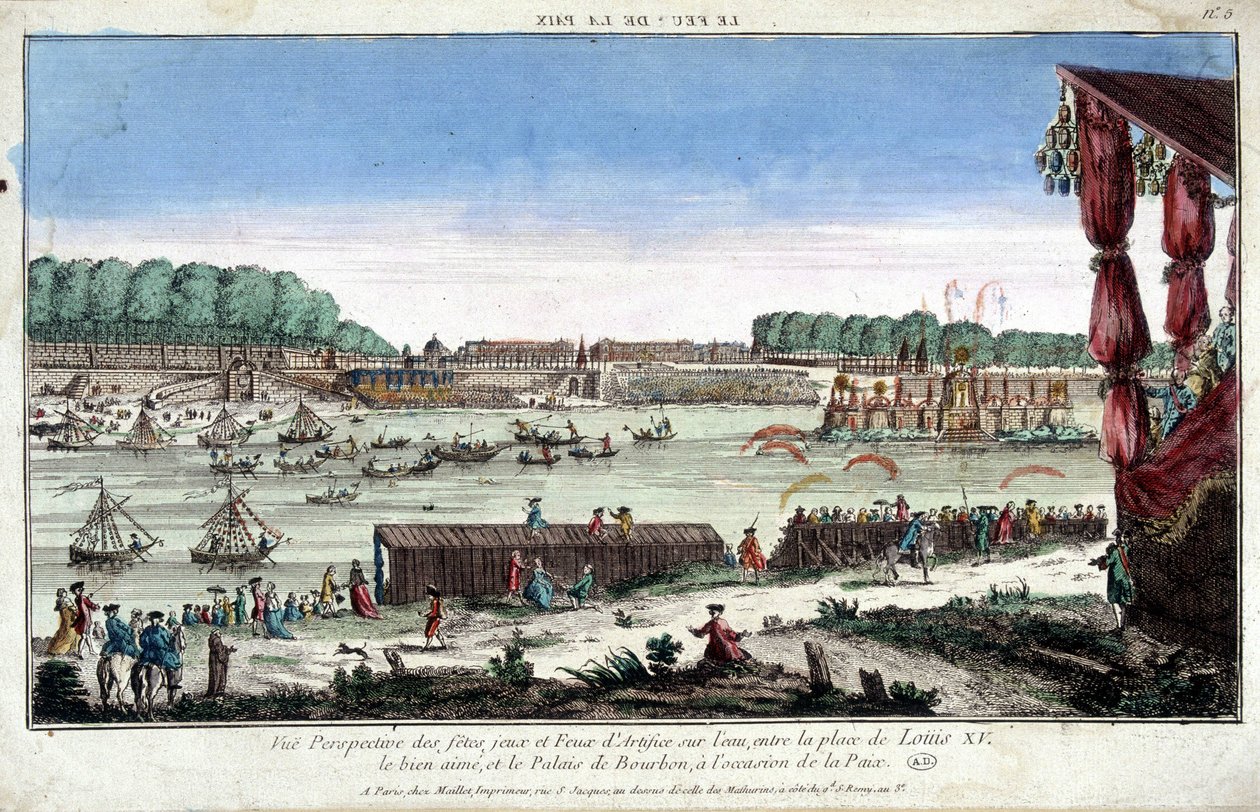 Perspective View of Parties, Games and Fireworks on the Water, Between Place Louis XV and Palais Bourbon, on the Occasion of Peace by French School