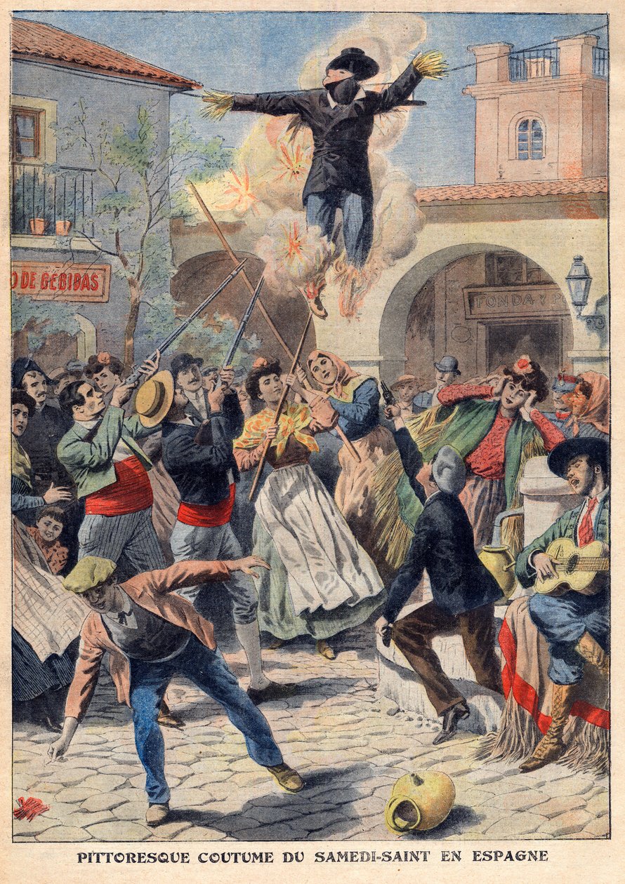 Picturesque custom of Holy Saturday in Spain: the people make a wicker mannequin dressed in oriskins (Judas) that are walked through the streets, invective, shot and burned - illustration from 