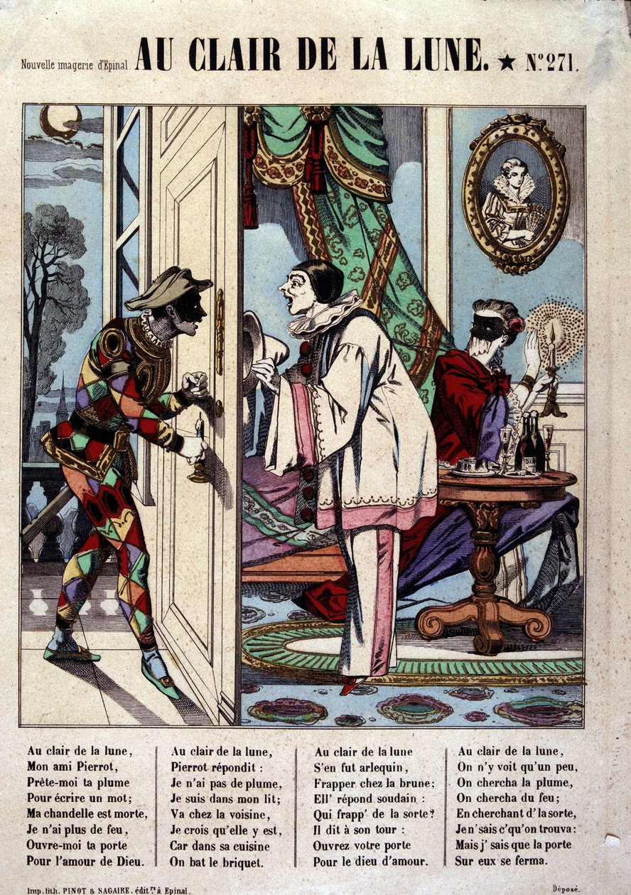 Pierrot, Harlequin and the neighbor, illustration of the song 