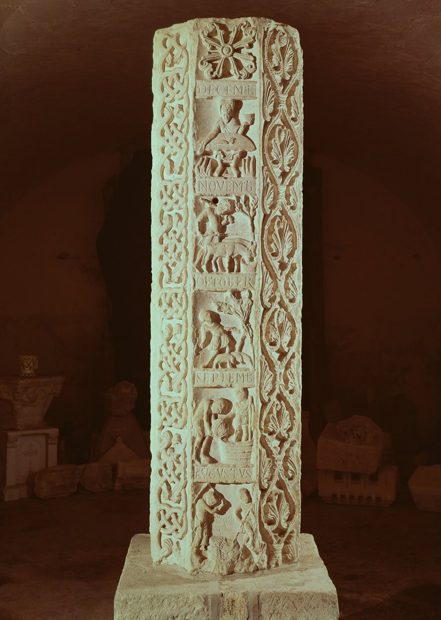Pillar showing the months August to December, calendar of the season by French School