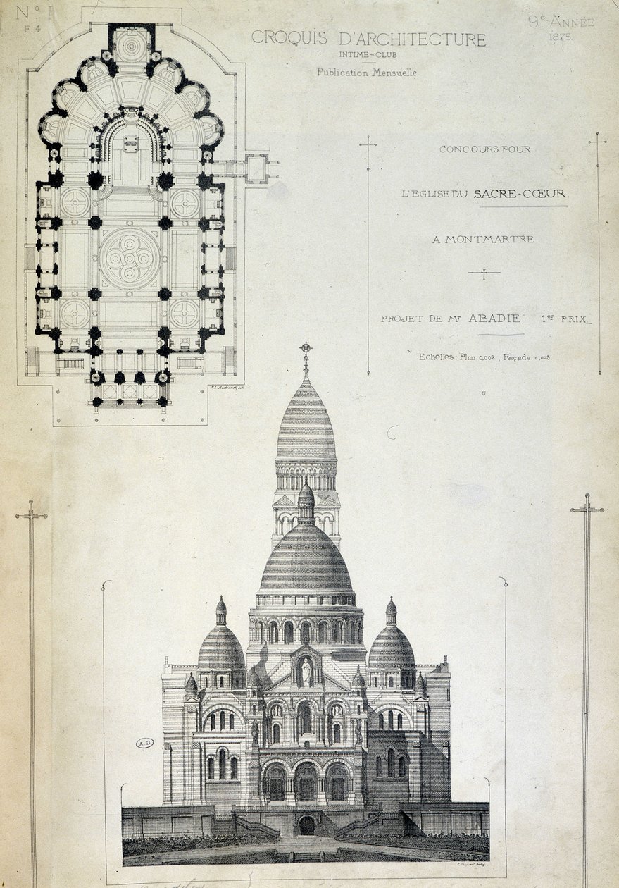 Plan and elevation of the Sacred Heart, project by Mr. Abadie, late 19th century by French School