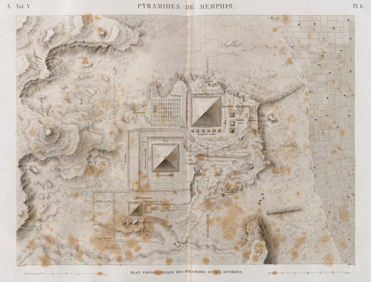 Plan of the Pyramids of Memphis and the surrounding area by French School