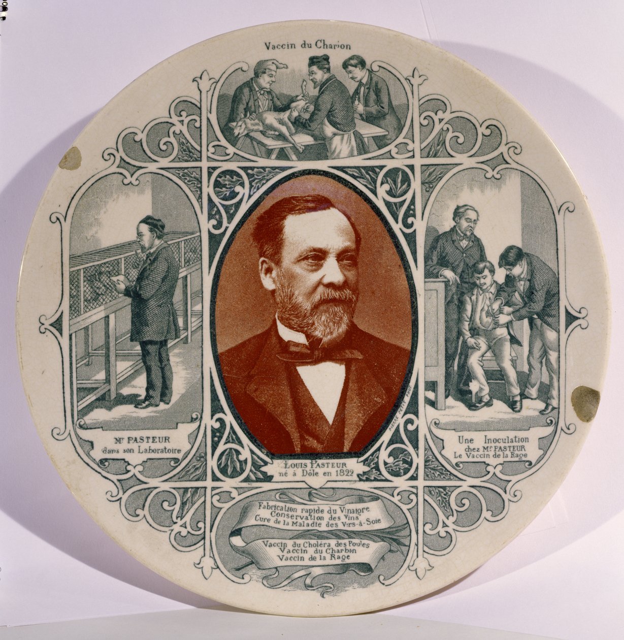 Plate with a photograph of Louis Pasteur by Pierre Petit, and scenes of his life by French School