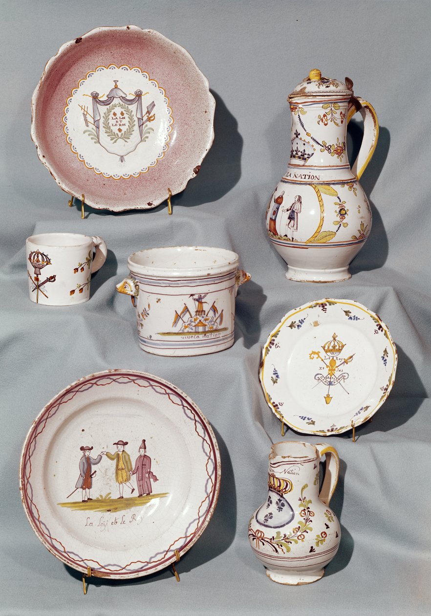 Plates, Dish, Jugs, Mug and Écuelle Inscribed with Motifs and Slogans from the Early Monarchical Period of the French Revolution, end 18th century by French School