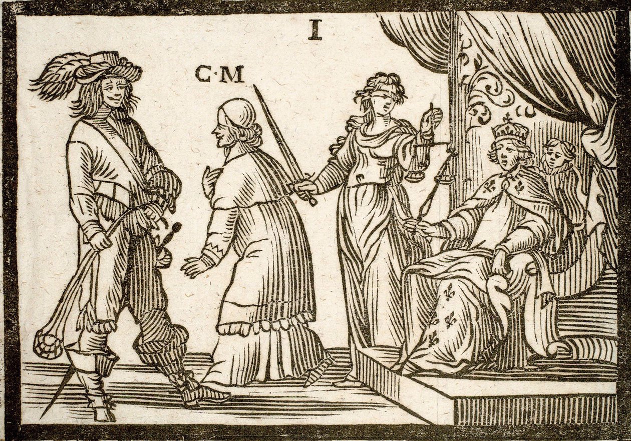 Political pamphlets Mazarinade: Mazarin banished by Justice and Sling, leaves the King. Engraved wood 1651 by French School
