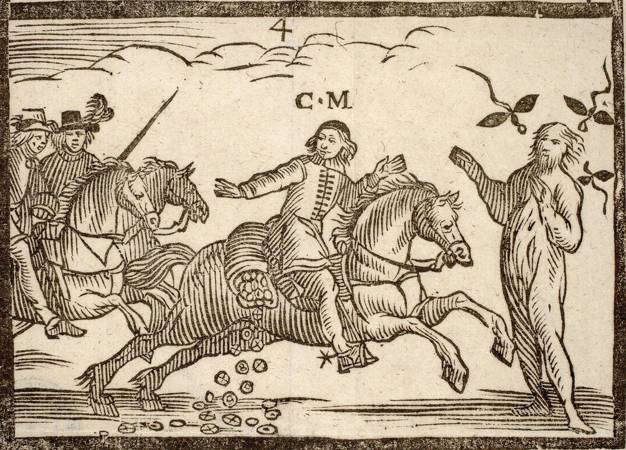 Political Pamphlets Mazarinade: Mazarin in His Flight Drops Ecus: The Shadow of Concini, Marshal of Anchor, Stands Before Him. Engraved Wood 1651 by French School