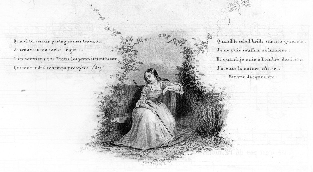 Poor Jacques. Girl alone sitting on a bench, holding a rake. Engraving in 