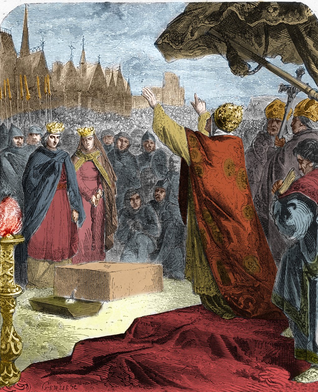 Pope Alexander III laid the first stone of Notre Dame de Paris in 1163 in the presence of King Louis VII of France and Maurice de Sully by French School