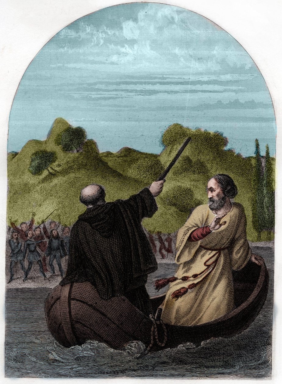 Pope Eugene IV (Eugenio, Eugenius) (1431-1447) escapes in a boat to escape the anger of the Romans - POPE EUGENIUS IV (Gabriele Condulmaro) opposed by the powerful Colonna family, he has to flee from Rome, while his enemies elect an anti-pope - Engraving f by French School