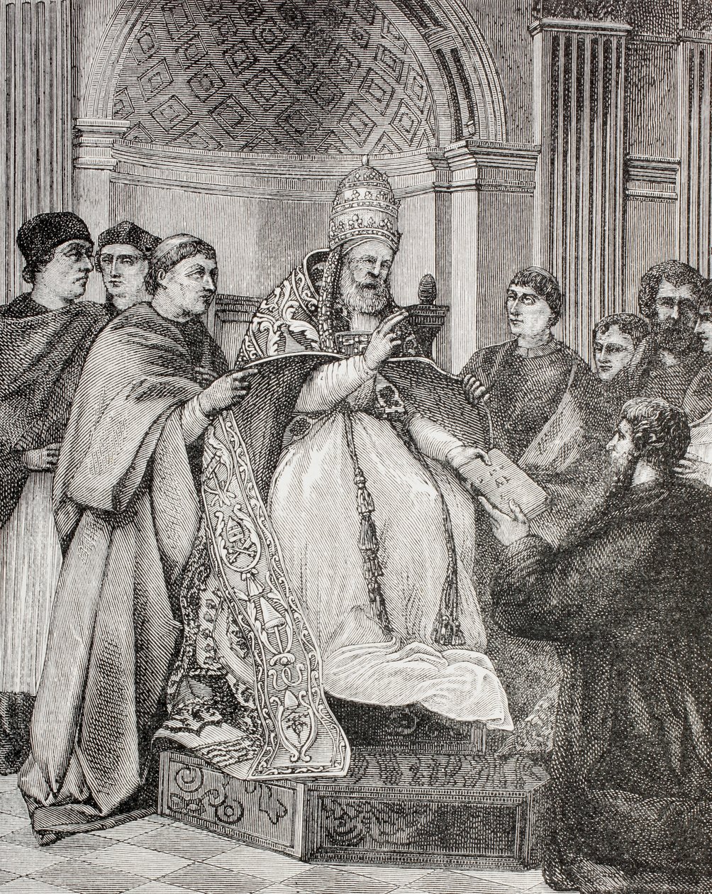Pope Gregory IX handing the Decretals to an advocate of the Consistory, from 