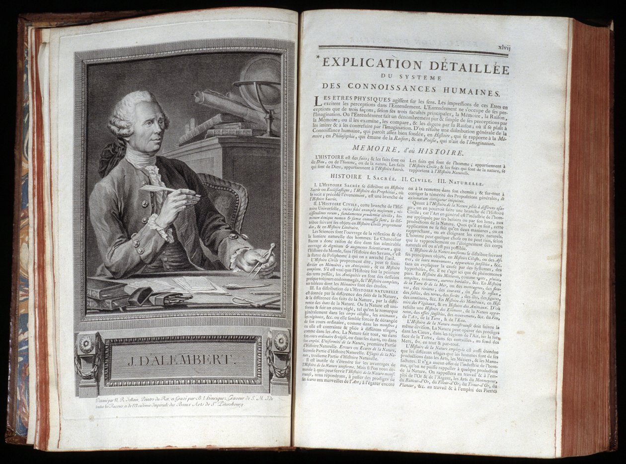 Portrait of Alembert and a text page of the Encyclopedia of Diderot and Alembert by French School
