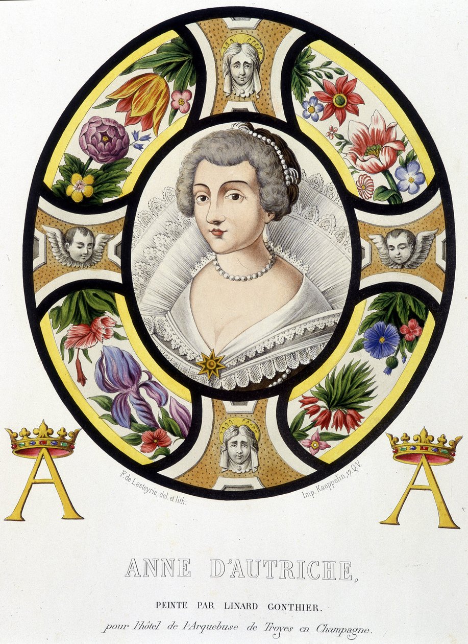Portrait of Anne of Austria, Queen of France (1601-1666). Facsimile of a stained glass from the Middle Ages in 