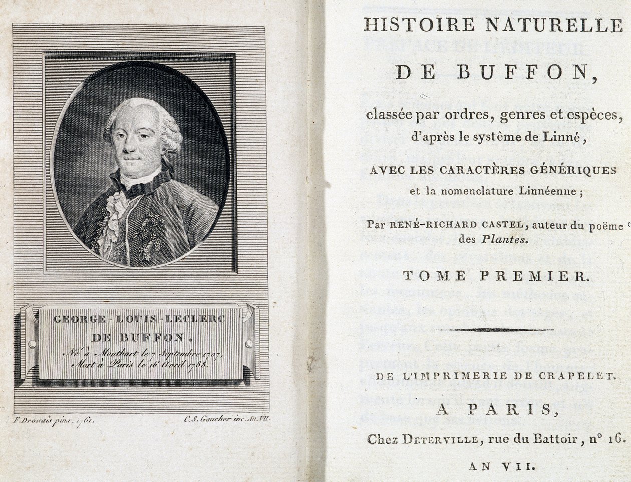 Portrait of Buffon and the title page of Natural History of Buffon classified by orders, genera and species, according to the Linnaeus system by French School
