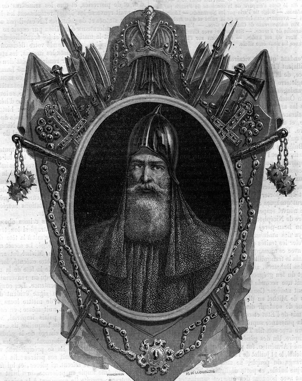 Portrait of Igor Duke of the Russians, Varangian prince, sovereign of the “Rus” of Kiev from 912 to 945. Engraving in “Histoire des Papes-Rois-Queen and Emperors through the centuries” by Maurice Lachatre by French School