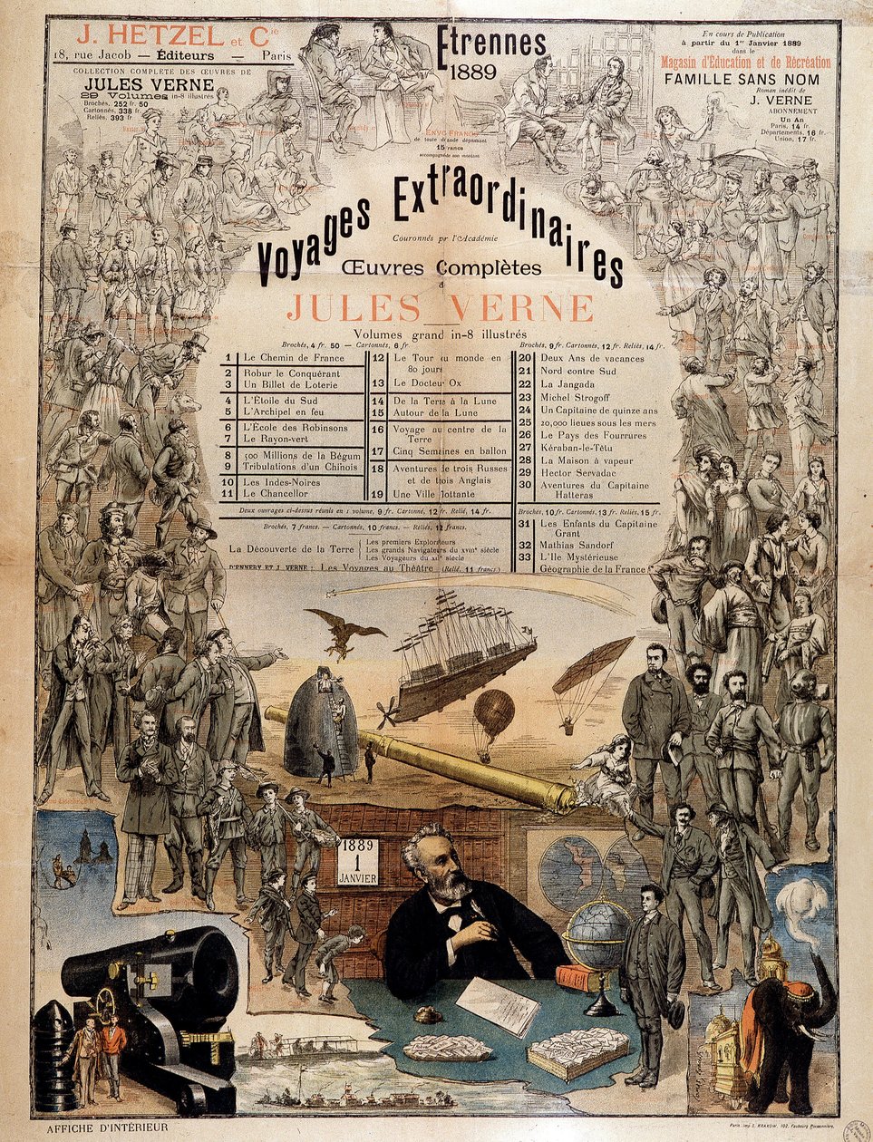 Portrait of Jules Verne and Scenes of His Works - Advertising Poster for His Complete Works by French School