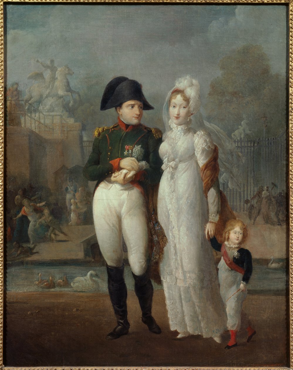 Portrait of Napoleon I and Mary Louise with their son, King of Rome Napoleon II, Duke of Reichstadt in the Tuileries Gardens (Anonymous painting, 19th century) by French School