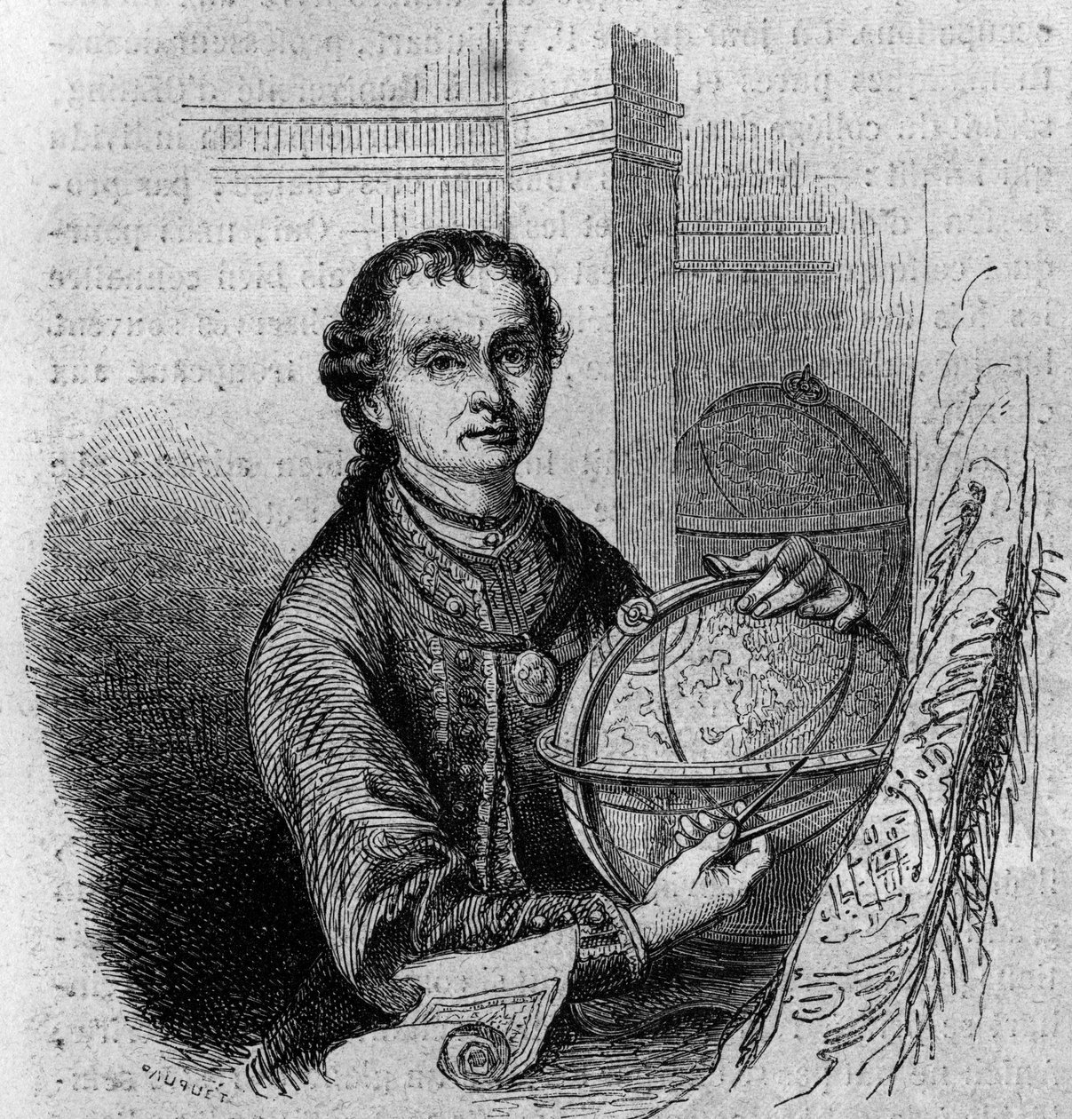 Portrait of Pierre (Peter) Anich (1723-1766), Tyrolean astronomer and cartographer, holding a globe and a compass. Engraving in 
