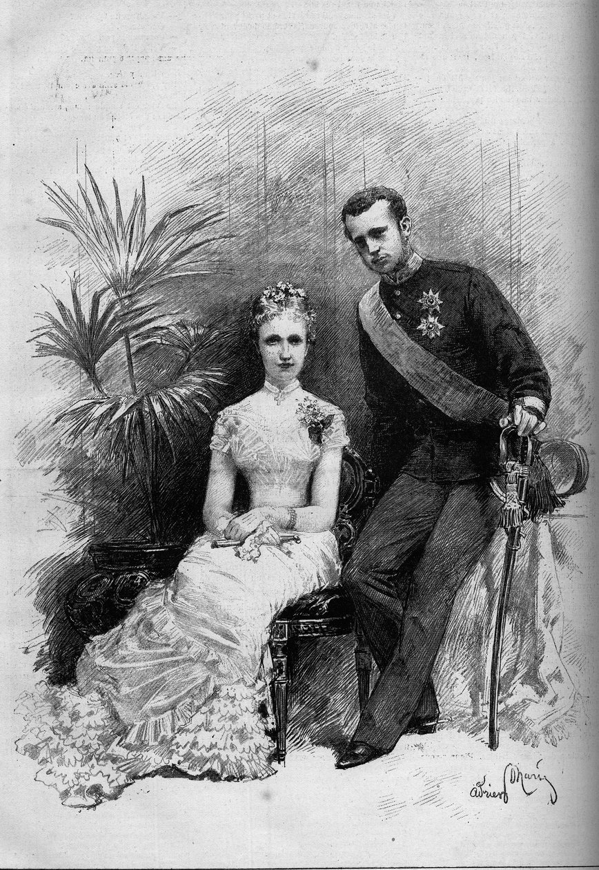 Portrait of Princess Stephanie of Belgium and Archduke Rodolphe of Austria. Engraving in 