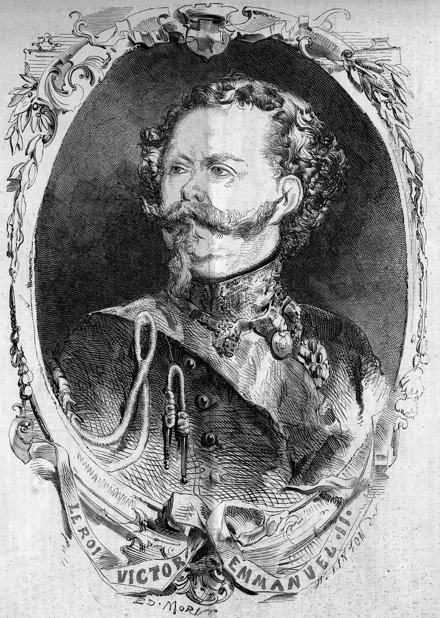 Portrait of Victor Emmanuel II (1820-1878), King of Sardinia and future King of Italy. Engraving in 