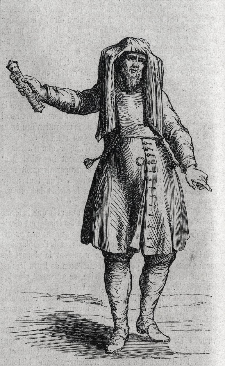 Portrait of a Jewish man holding the Mezuzoth. Engraving in 