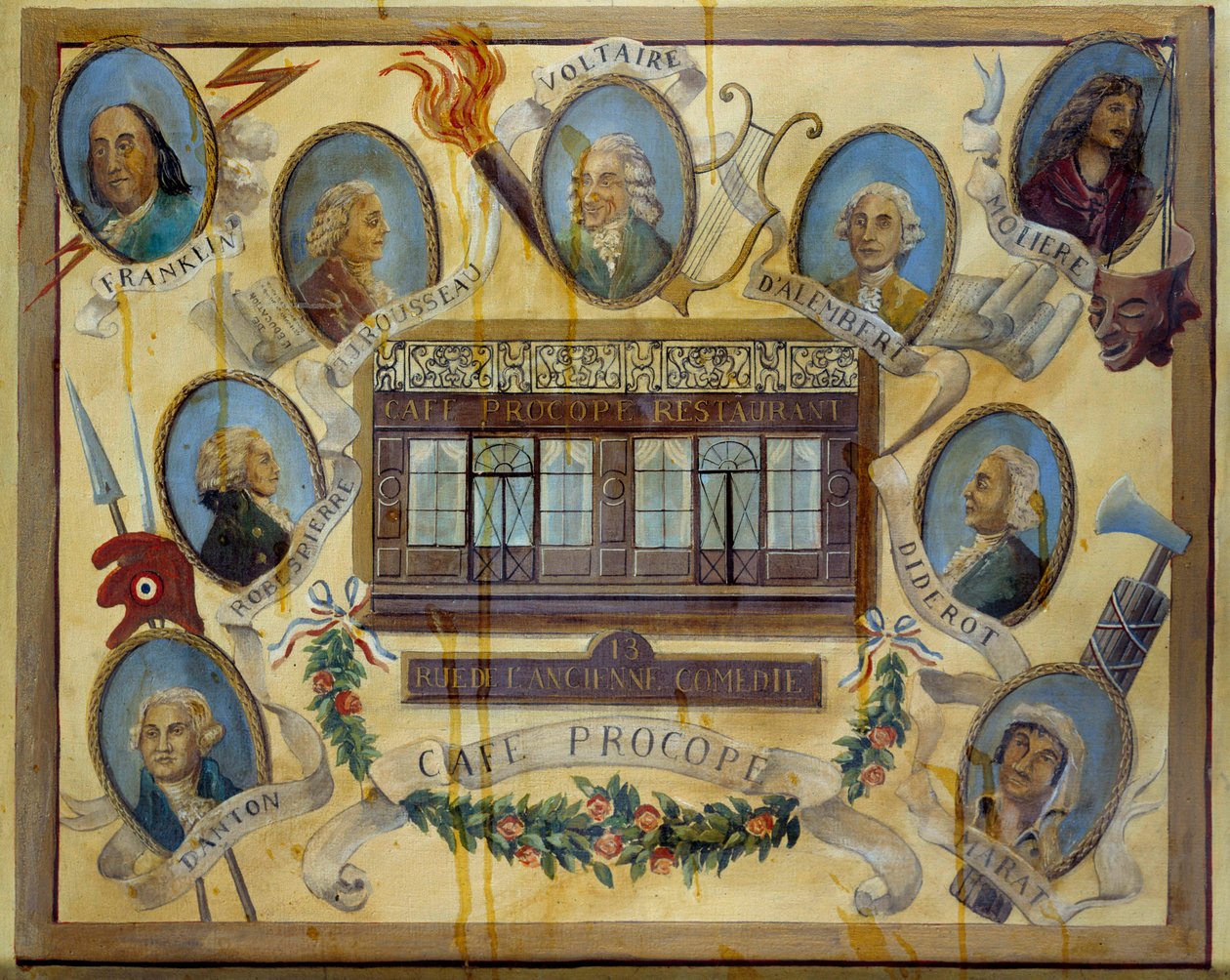Portrait of Historical Figures and View of the Parisian Cafe Le Procope by French School