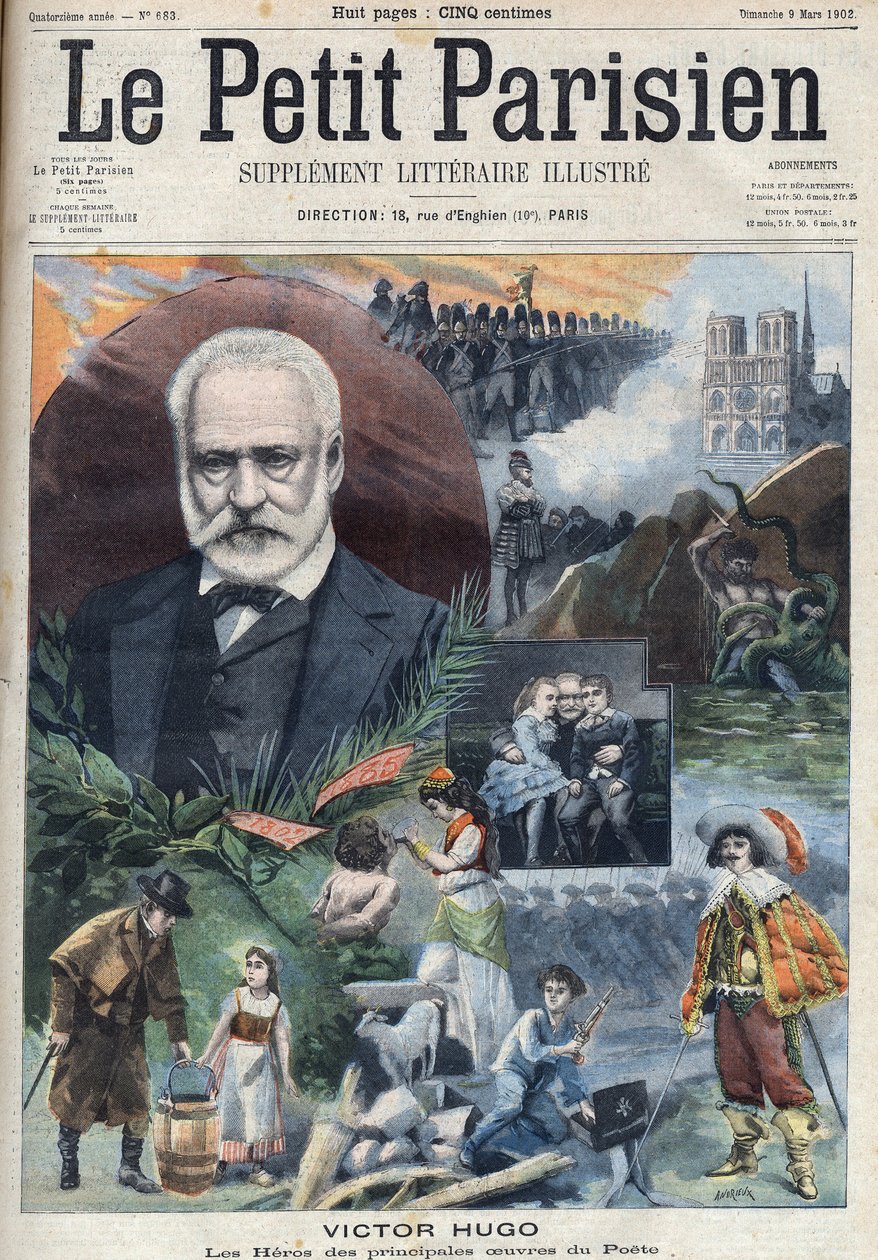 Portrait of the French writer Victor Hugo with illustrations of his main works. Engraving in 