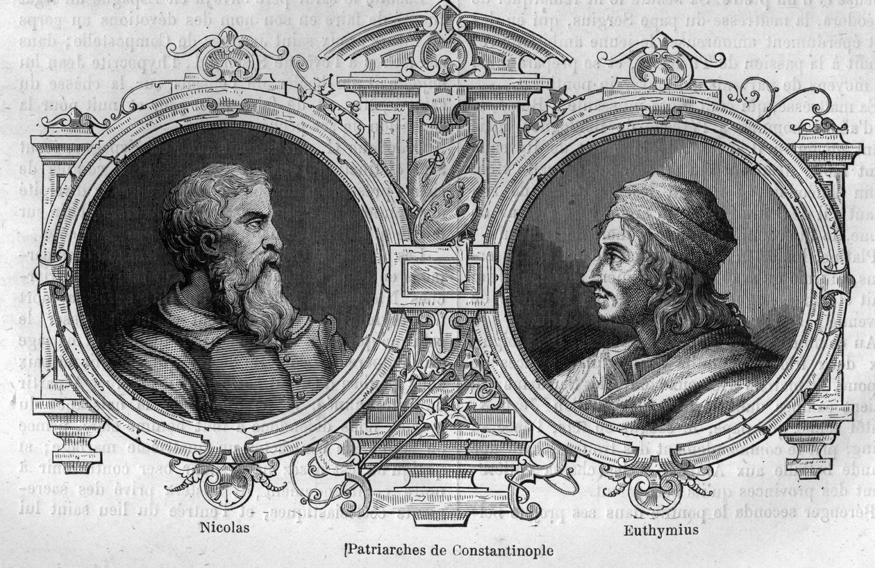 Portraits of Nicholas the mysthic (10th century) and Euthymius of Athos (955-1028), Patriarchs of Constantinople. Engraving in Histoire des Papes-Rois-Queen and Empereurs a travers les centuries by Maurice Lachatre by French School