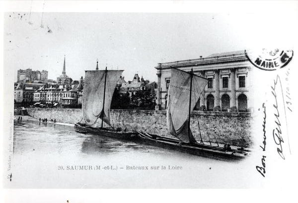 Postcard depicting barges on the Loire at Saumur, France, before 1914 by French School