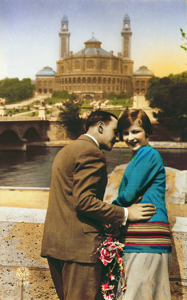 Postcard depicting lovers in Paris beside the Seine, c.1930 by French School