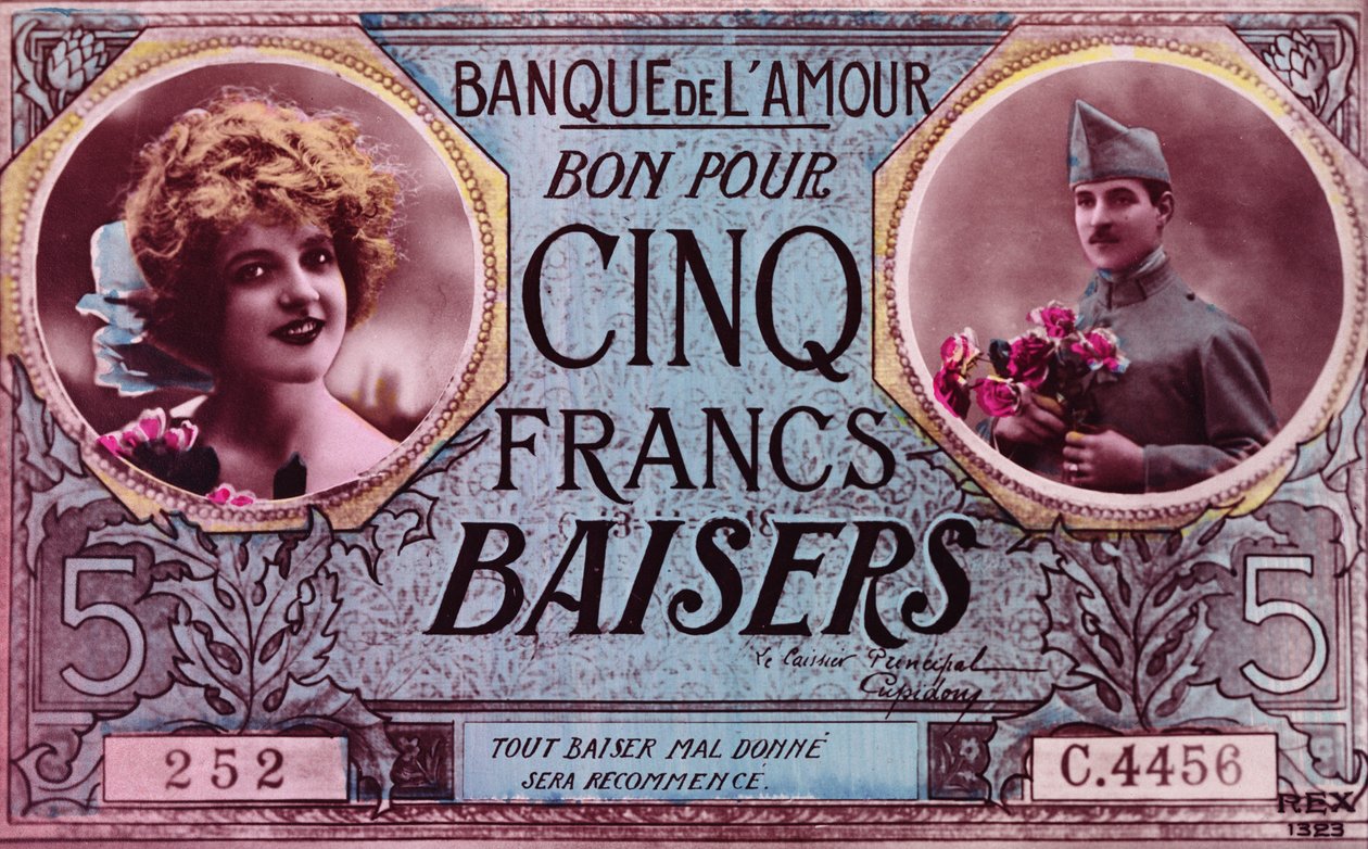Postcard in the form of a voucher for five kisses from the Bank of Love, 1914-18 by French School