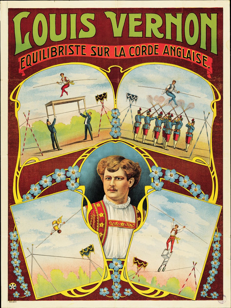 Poster advertising tightrope walking performances by Louis Vernon by French School