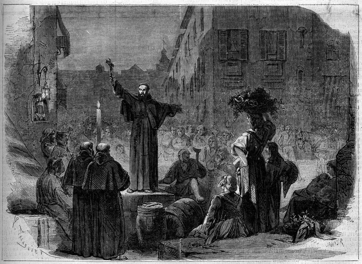 Predicator giving his sermon in the street of Toledo in Naples, Italy by French School
