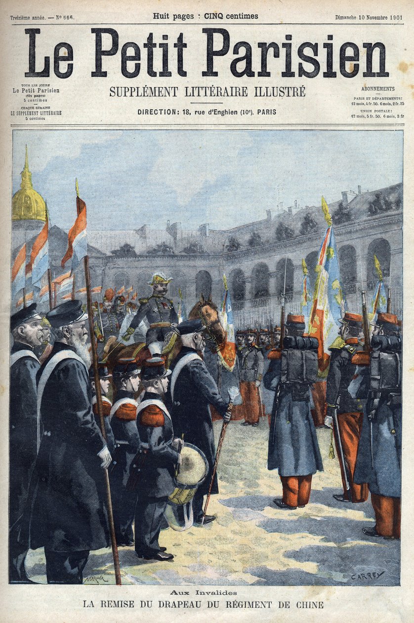 Presentation of the flag of the Regiment of China by General Faure Biguet to General Arnoux governor at the Invalides in Paris, in Le petit Parisien 1901 (engraving) by French School
