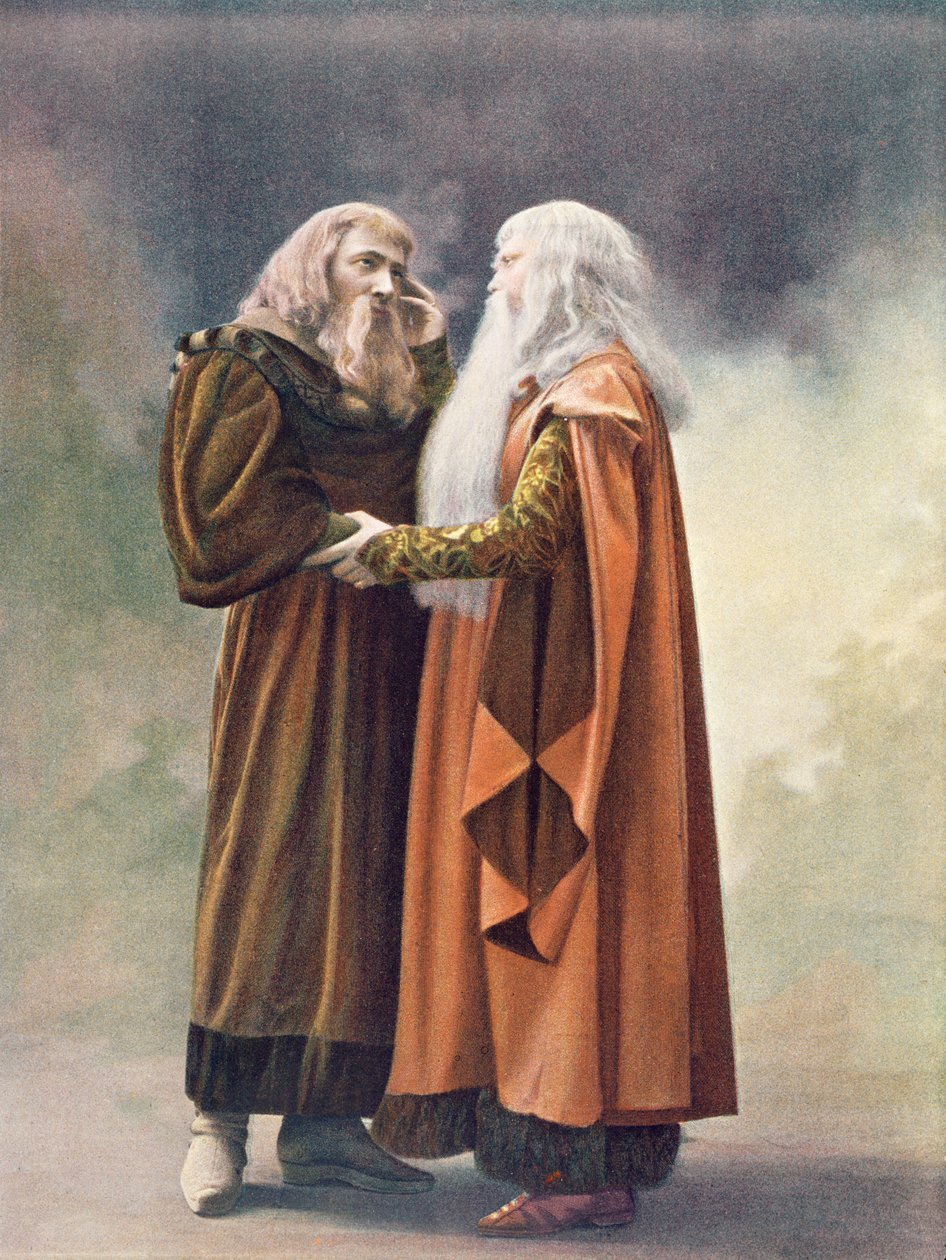 Prince Golaud and His Grandfather, King Arkel, in Pelleas and Melisande by Debussy (from a photograph of the first production in April, 1902 of the opera at the Opera-Comique in Paris, illustration in Theatre magazine, June, 1902) by French School