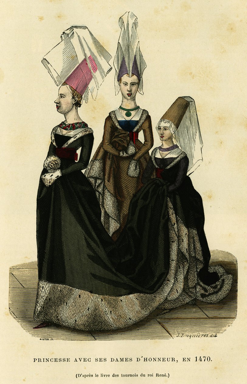 Princess with her ladies of honor, around 1470. Colour engraving after the book of the tournaments of the King Rene, in France et les francais a travers les siecles by Augustin Challamel, F.Roy editor, Paris 1882. Selva Collection. by French School