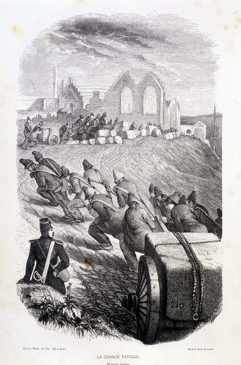 Prisoners pulling stone blocks from quarry, 