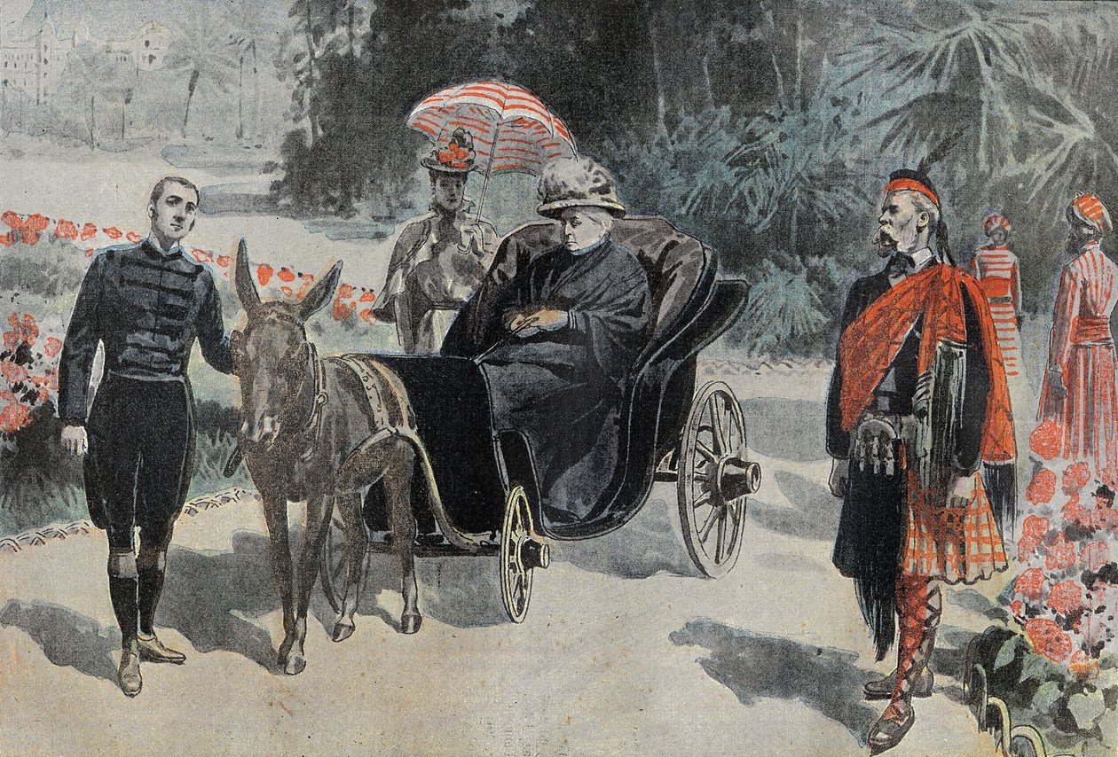 Promenade of Victoria I, Queen of England, in the park of Hotel Cimiez near Nice. Engraving in Le Pelerin 26/03/1899. by French School