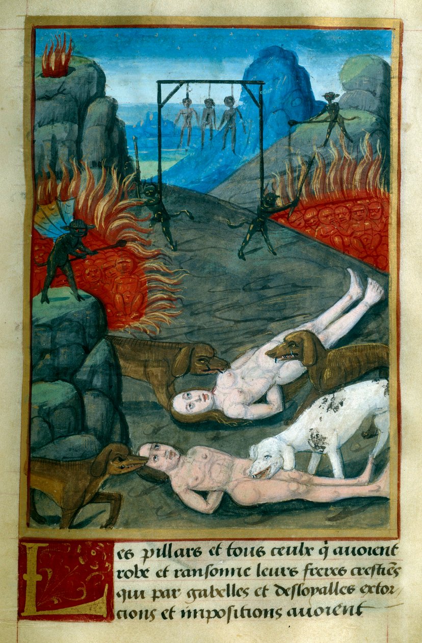 Punishment reserved for thieves and looters in Hell, they are hanged, burned and devoured by dogs. Miniature from Le Tresor de Sapience by Jean Gerson. 15th century Chantilly, Musee Conde by French School