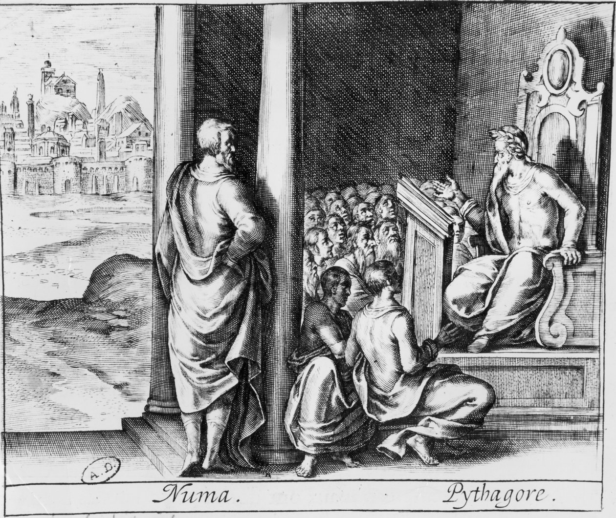 Pythagoras teaching a class of students, illustration from Ovid