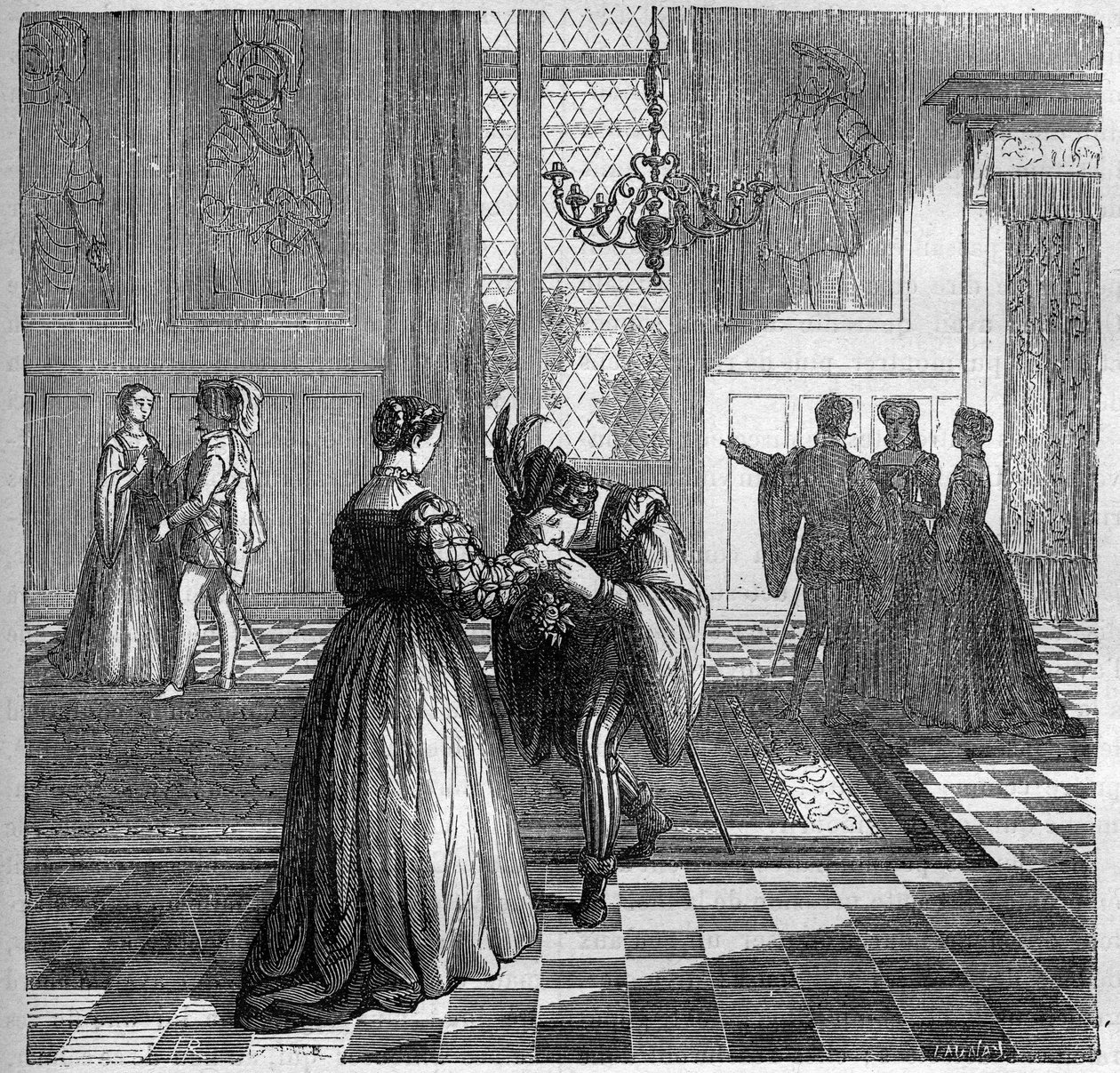Queen Margarita of Navarre (1492-1549) meets Pomini. Engraving in 