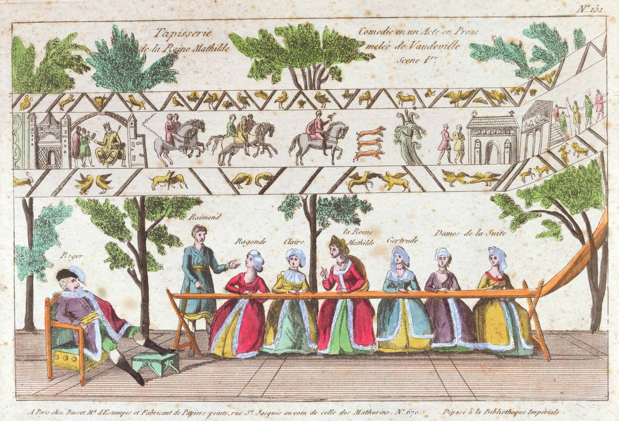 Queen Mathilda and her servants weaving the Bayeux Tapestry, scene from a Vaudeville performance by French School