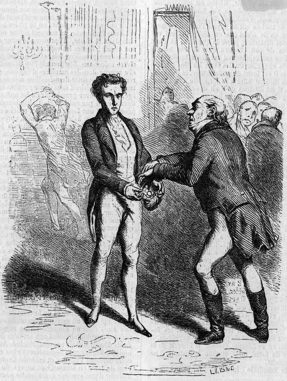 Rastignac dizzy lets the white-haired man take ten louis. Engraving mid 19th century. Illustration for The Father Goriot by Honore de Balzac (1799-1850) by French School